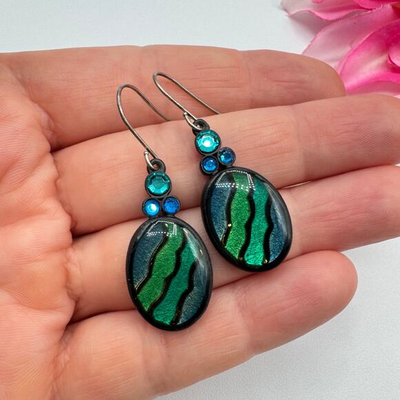 Chico’s Blue Green Metallic Enamel Stripe Rhinestone Earrings Mermaidcore Siren - Picture 2 of 11